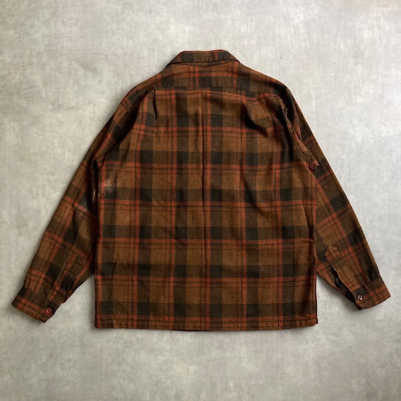 70's PENDLETON Wool Open Collar Box Check Shirts BROWN/L 70年代