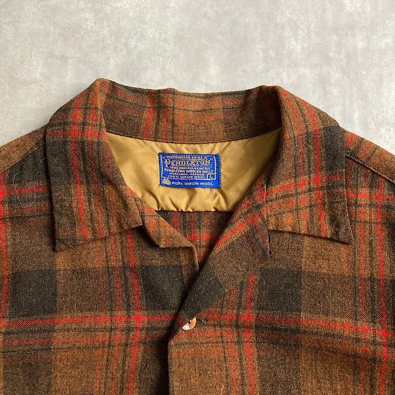 70's PENDLETON Wool Open Collar Box Check Shirts BROWN/L 70年代