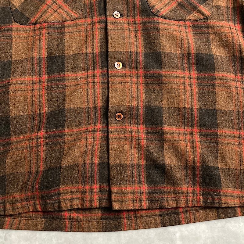 70's PENDLETON Wool Open Collar Box Check Shirts BROWN/L 70年代