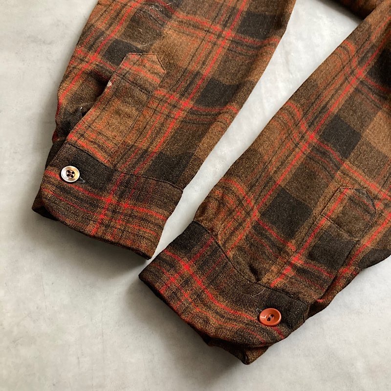 70's PENDLETON Wool Open Collar Box Check Shirts BROWN/L 70年代
