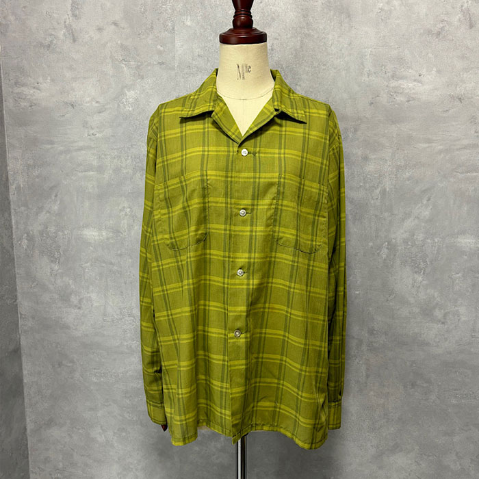 VINTAGE 60's PERMANENT PRESS OPEN COLLAR LONG SLEEVE SHIRT GREEN/L