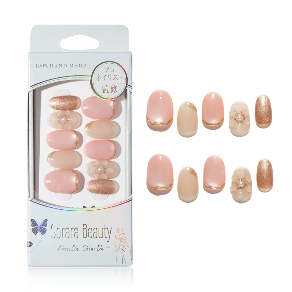 フラワー ツヤ ネイルチップ ショート オフィスネイル「Blush Fleur