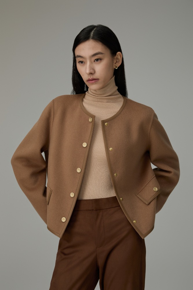 OAMi Cashmere ジャケット(レザー丸首)・キャメル・OAMi SHOP(オアミ