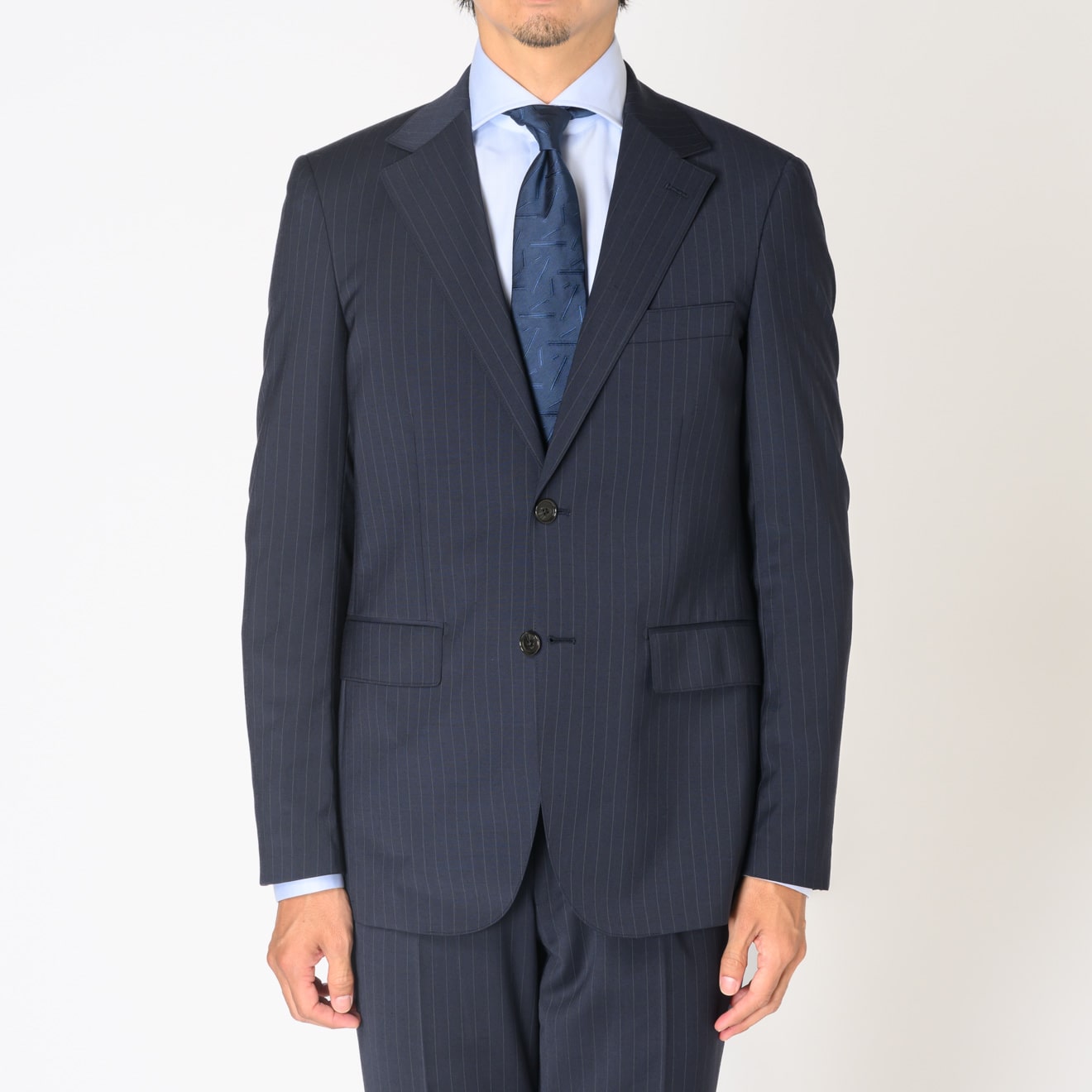 新品 Kent ave 段返３ボタンスーツ ストライプ ネイビー ストレッチ ≪WEB新作≫PREMIO/PAULO OLIVEIRA/エコ&ウォッシャブル/シングル2釦