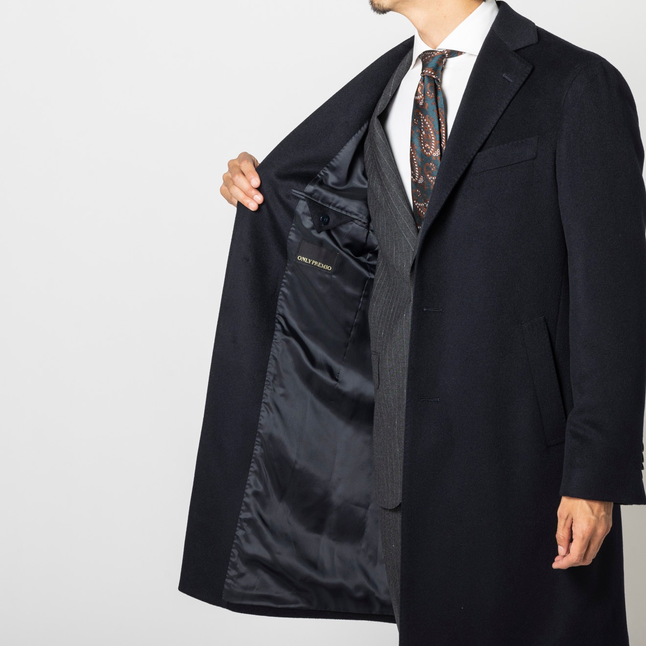 処分価格　オンリープレミオ　チェスターコート　サイズ37 ≪半額SALE≫PREMIO/カシミヤ100%/シングルチェスター/ネイビー/無地