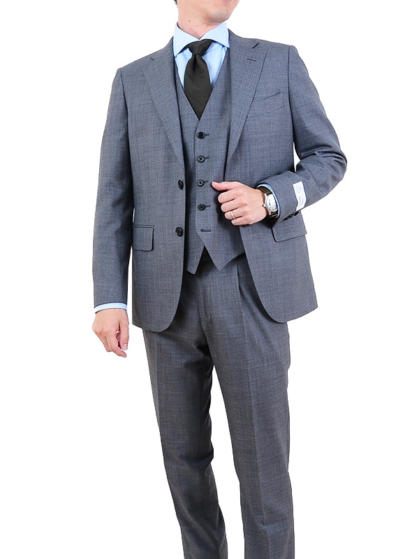 グレー スリーピーススーツ ウール混紡 ≪歳末SALE≫2着10％OFF/ウール混/スリーピース/グレー/無地/スーツ