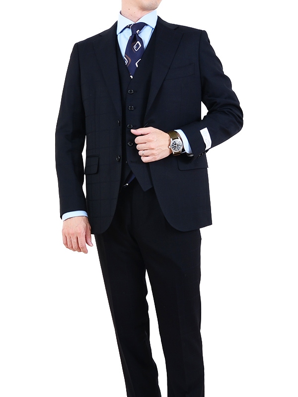 ≪歳末SALE≫ウール混/スリーピース/ネイビー/チェック/スーツ