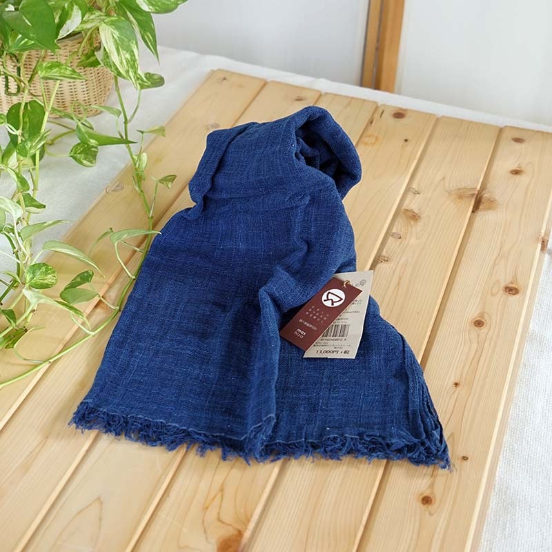 手紡ぎ ストール 藍染 中藍 男女兼用 益久