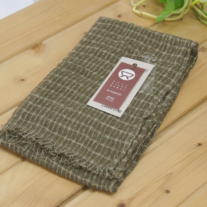 夏ストール! 天然UVカット 手紡ぎストール ドビー格子 緑 男女兼用