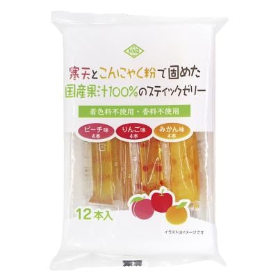 寒天とこんにゃく粉で固めた国産果汁100%のスティックゼリー(りんご・みかん・ピーチ) 192g(16g×12本)