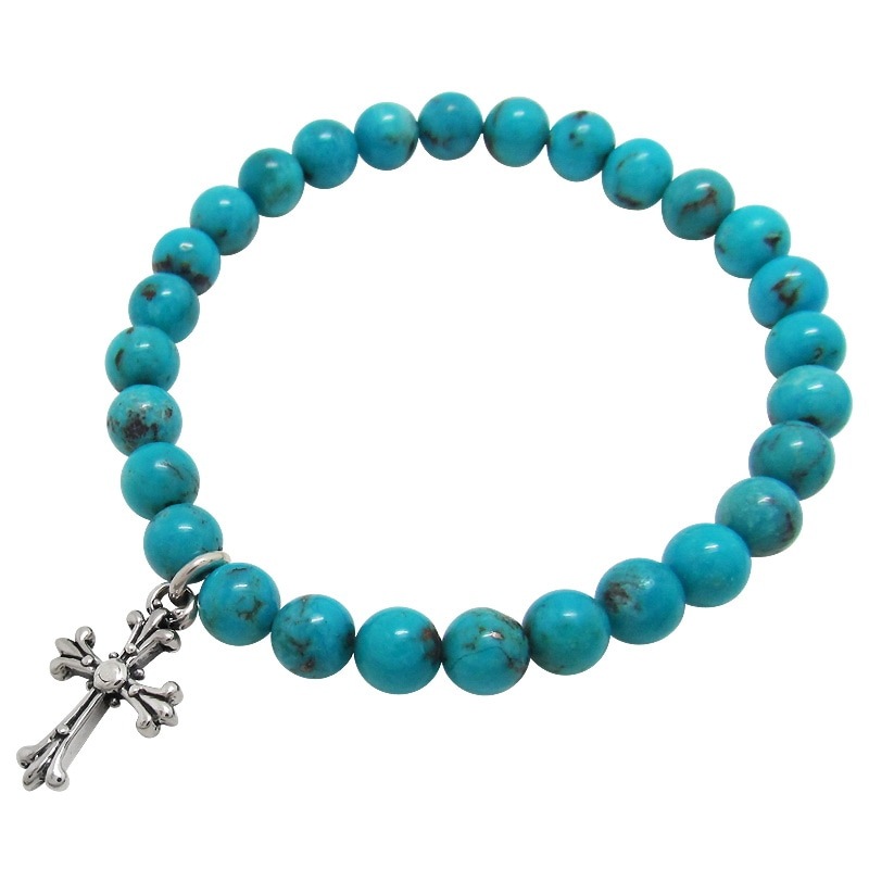 STONE WITH TINY CHAPEL CROSS BRACELET (TOURQUOISE) 6mm 