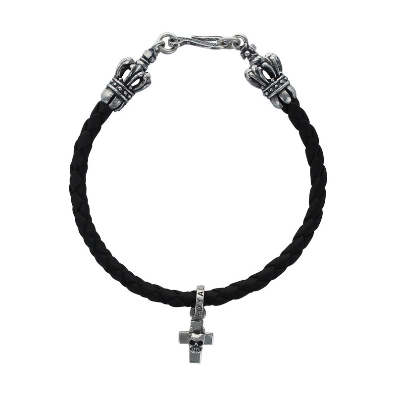 BRAIDED BRACELET WITH CROWN TIPS & TINY CROSS WITH TINY HORNED SKULL