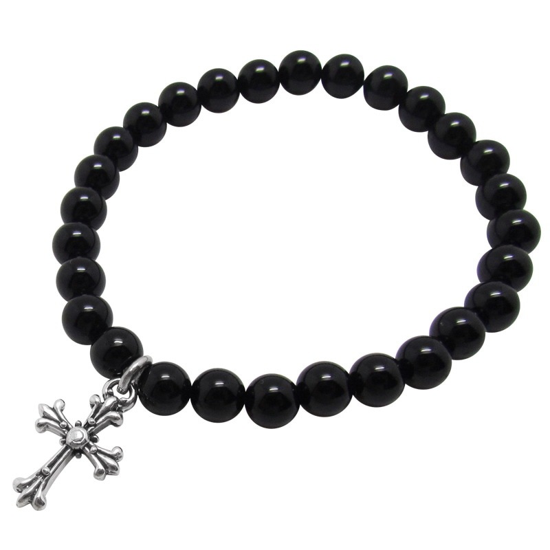 STONE WITH TINY CHAPEL CROSS BRACELET (BLACK ONYX) 6mm