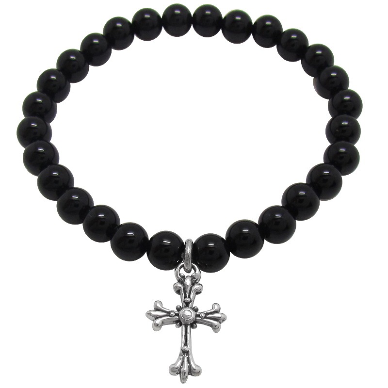 STONE WITH TINY CHAPEL CROSS BRACELET (BLACK ONYX) 6mm