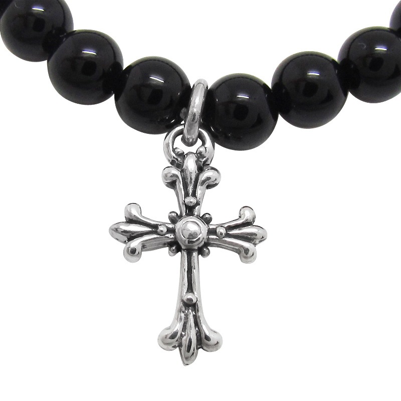 STONE WITH TINY CHAPEL CROSS BRACELET (BLACK ONYX) 6mm