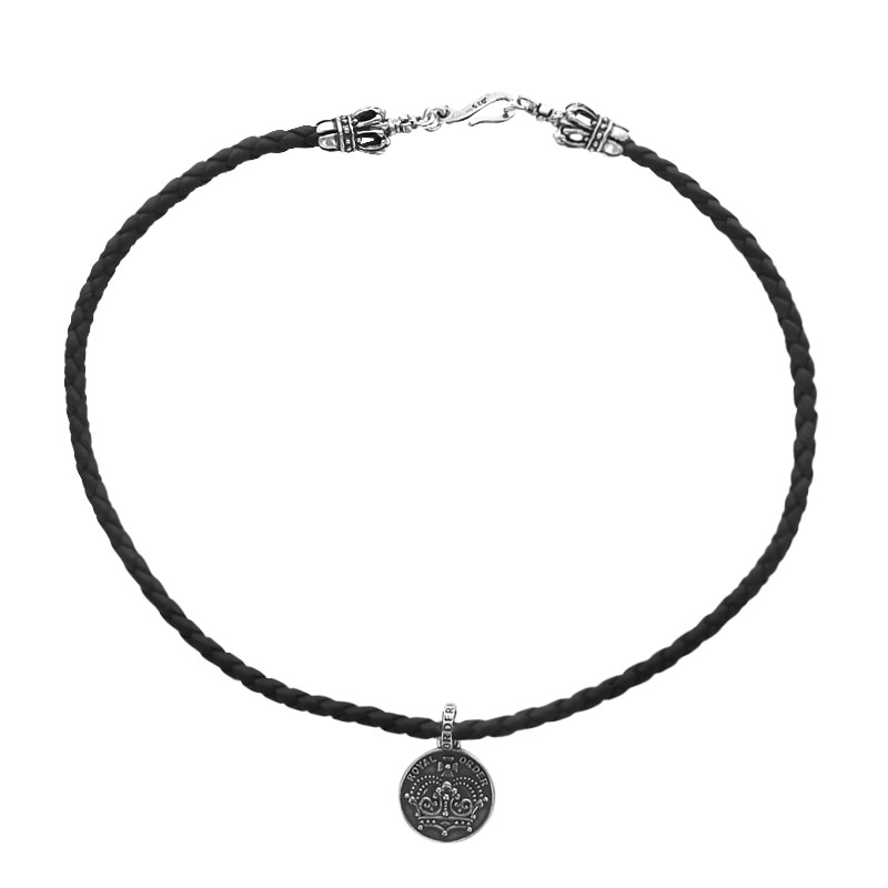 BRAIDED NECKLACE WITH CROWN TIPS AND CROWN/ CHEVRON STAR COIN