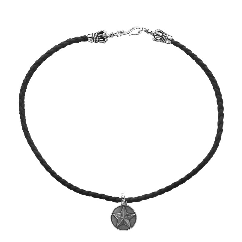 BRAIDED NECKLACE WITH CROWN TIPS AND CROWN/ CHEVRON STAR COIN