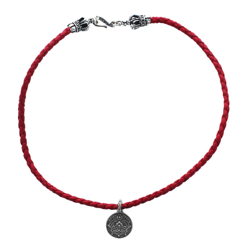 BRAIDED NECKLACE WITH CROWN TIPS AND CROWN/ CHEVRON STAR COIN