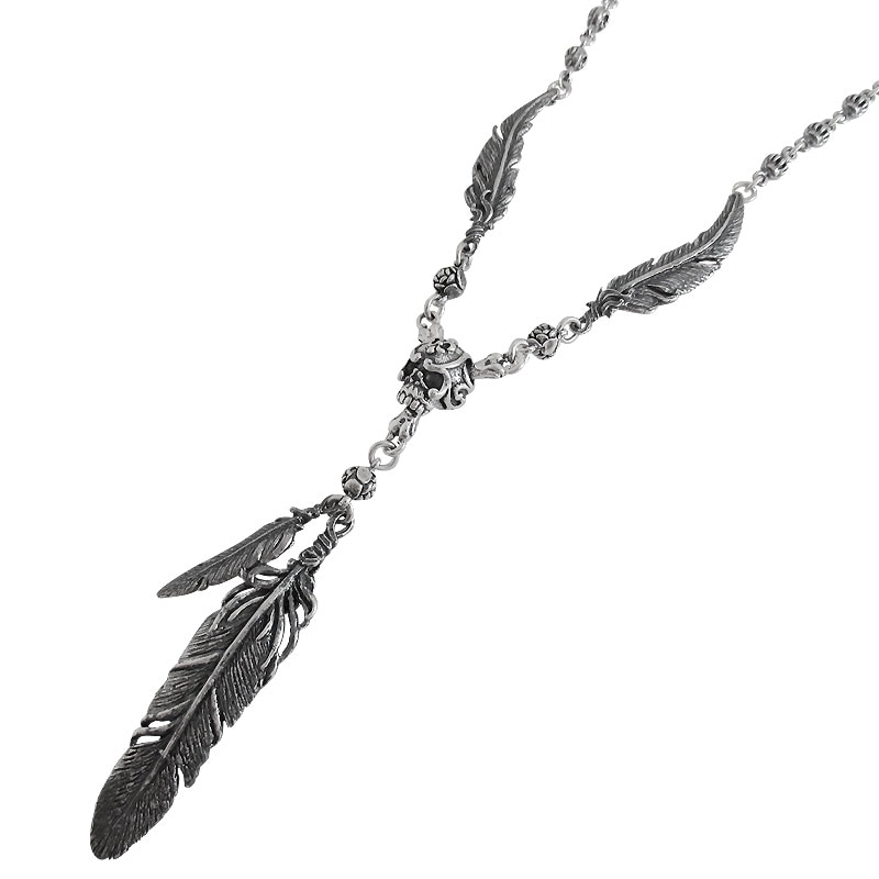 CARVED SKULL & BONES WITH FEATHERS NECKLACE