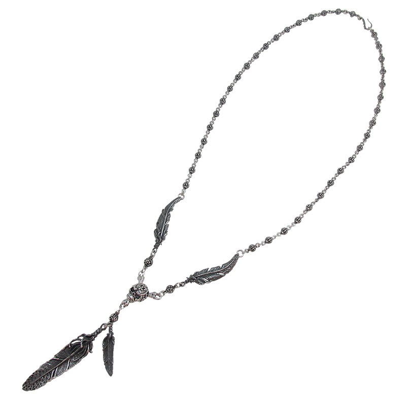 CARVED SKULL & BONES WITH FEATHERS NECKLACE