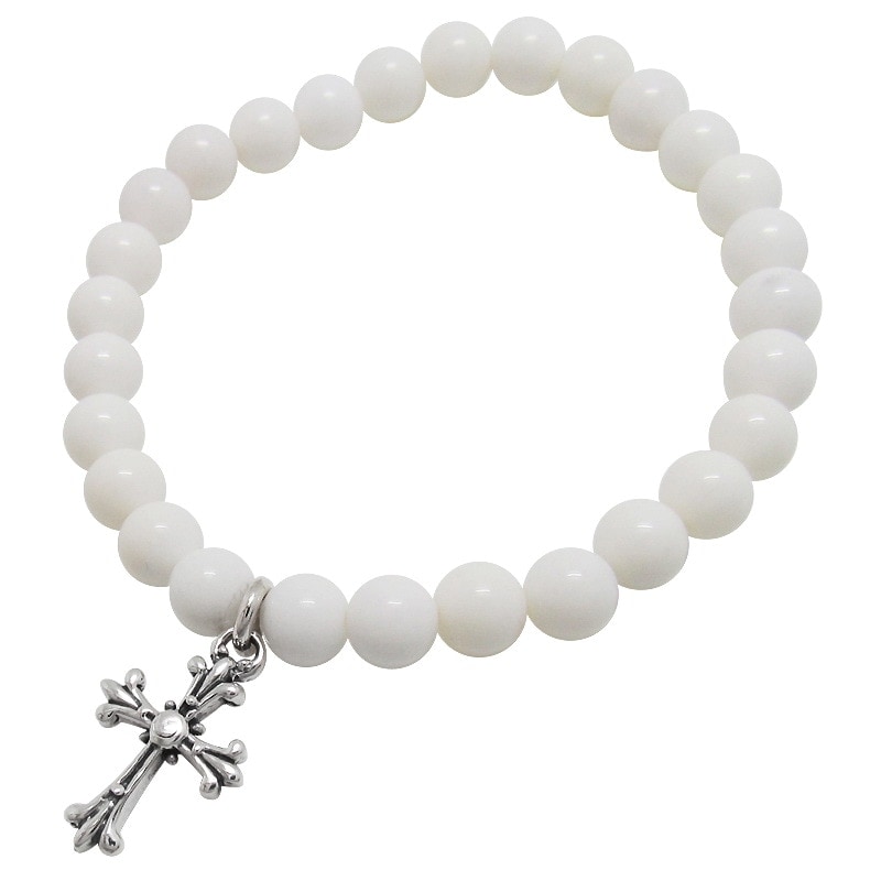STONE WITH TINY CHAPEL CROSS BRACELET (WHITE ONYX) 6mm