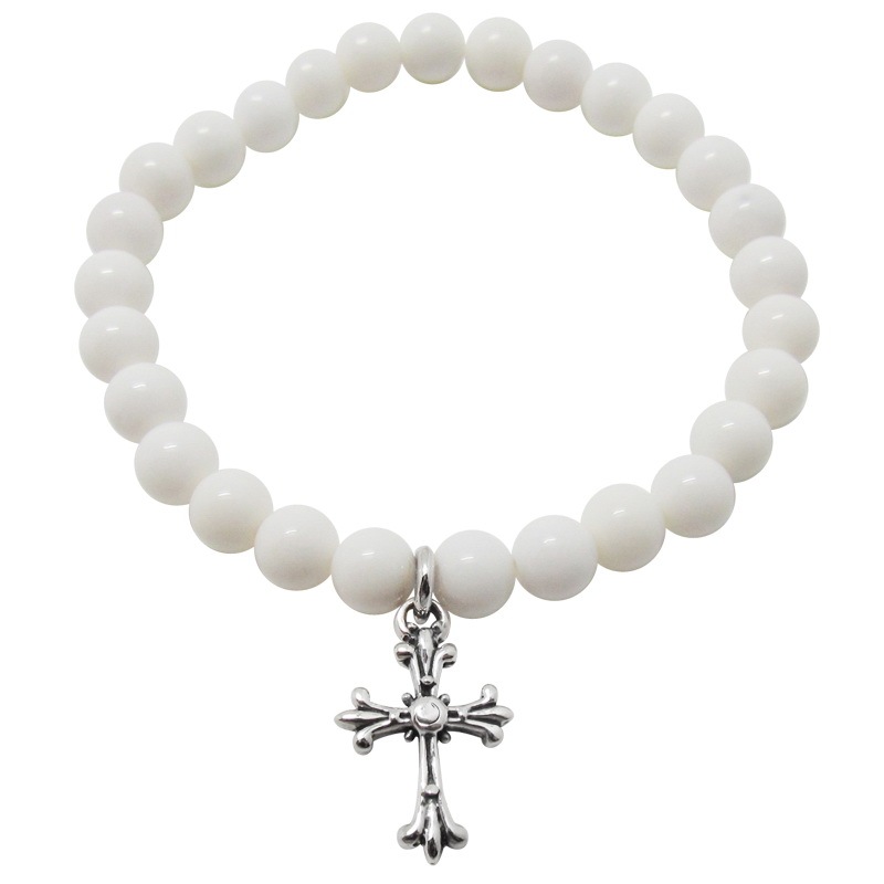 STONE WITH TINY CHAPEL CROSS BRACELET (WHITE ONYX) 6mm