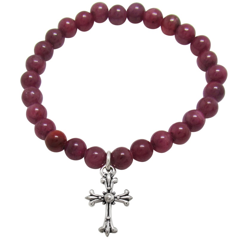 STONE WITH TINY CHAPEL CROSS BRACELET (RUBY) 6mm