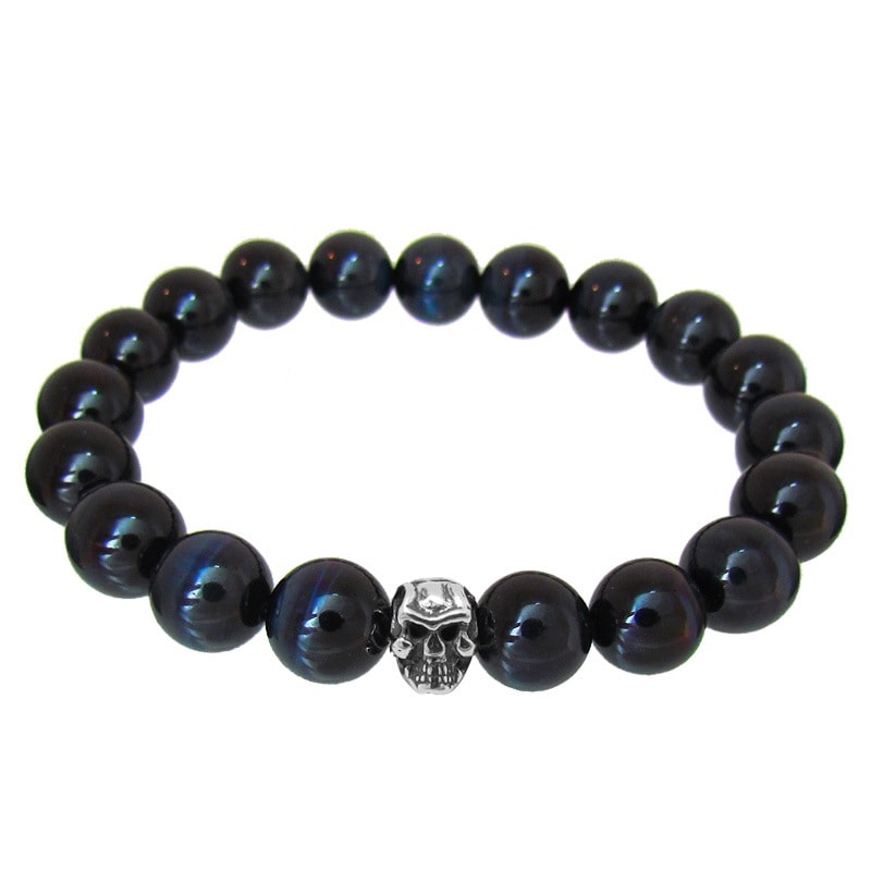 STONE WITH LIL'G SKULL BEAD BRACELET (10mm BLUE TIGER EYE