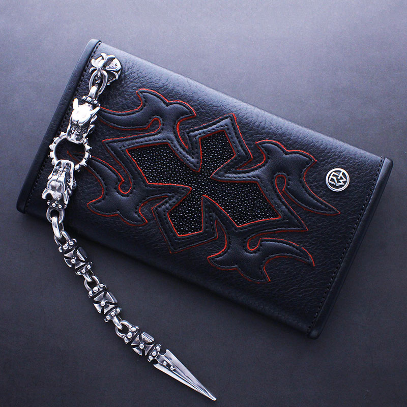 トラヴィスワーカーウォレット　クロススティングレイ　ビルウォールレザー　 LARGE 3-FOLD - TRIBAL CROSS WALLET - WITH BLACK STINGRAY INLAY AND