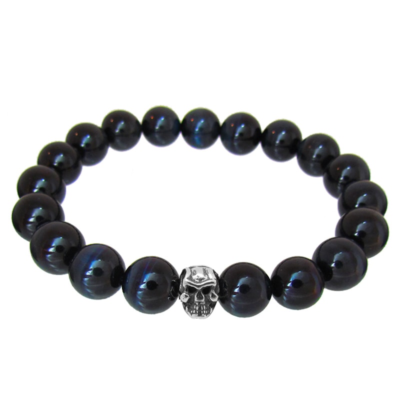 STONE WITH LILG SKULL BEAD BRACELET (10mm BLUE TIGER EYE)