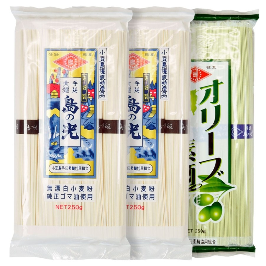 小豆島手延素麺 島の光 特級品黒帯 単品2袋・オリーブ素麺 単品1袋 計3
