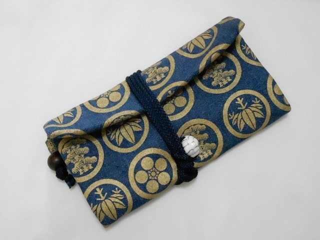 Huduru 道中財布 ﾃﾞﾆﾑ薄紺 家紋松竹梅 金色 デニム財布 江戸 財布 二鶴