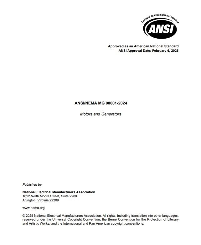 NEMA規格 ANSI/NEMA MG 1, 2024: Motors and Generators