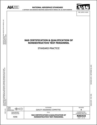 AIA/NAS規格 410, 5th Edition, 2020: NAS Certification & Qualification of Nondestructive Test Personnel