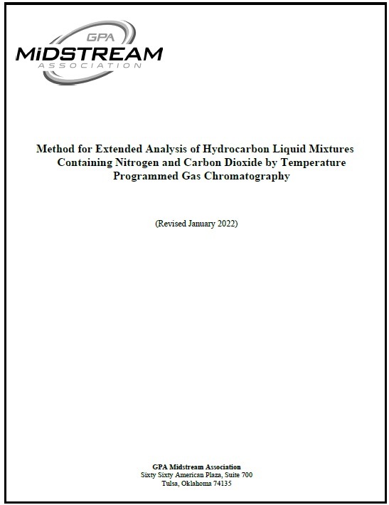 GPA規格 GPA 2186, 2022: Method for Extended Analysis of Hydrocarbon Liquid Mixtures Containing Nitrogen and Carbon Dioxide by Temperature Programmed Gas Chromatography