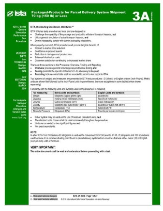 ISTA規格 3A, 2018: Packaged-Products for Parcel Delivery System Shipment 70 kg (150 lb) or Less