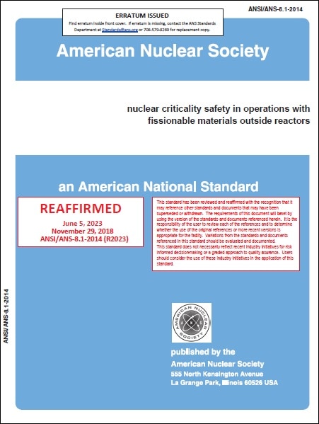 ANS規格 8.1, 2014 (Reaffirmed 2023): Nuclear Criticality Safety in Operations with Fissionable Materials Outside Reactors
