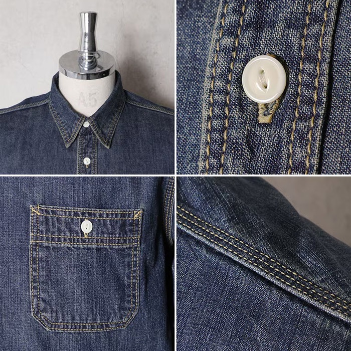 HOUSTON 40511 USA���åȥ�ǥ˥��������<br>�ڥҥ塼���ȥ� USA COTTON DENIM WORK SHIRT�ۥ�� ��ǥ����� �ߥ꥿�꡼ �����ȥɥ� �����奢�� �ǥ˥ॷ��� �������� ������ơ��� �ǥ��꡼�桼�� ���ʻȤ� Ĺµ USA���åȥ�
