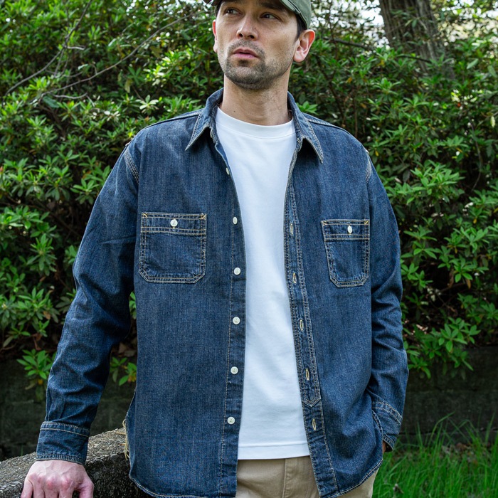 HOUSTON 40511 USA���åȥ�ǥ˥��������<br>�ڥҥ塼���ȥ� USA COTTON DENIM WORK SHIRT�ۥ�� ��ǥ����� �ߥ꥿�꡼ �����ȥɥ� �����奢�� �ǥ˥ॷ��� �������� ������ơ��� �ǥ��꡼�桼�� ���ʻȤ� Ĺµ USA���åȥ�