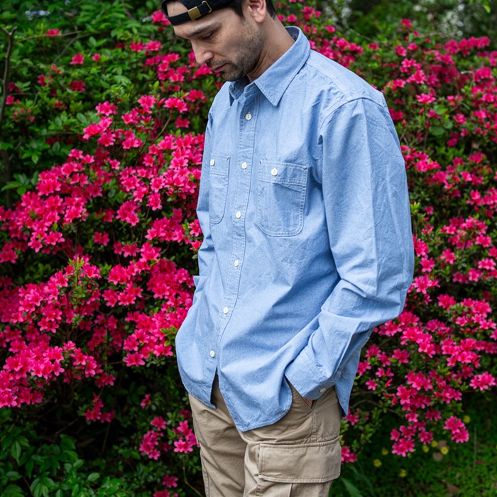 AVIREX BASIC CHAMBRAY LONG SLEEVE SHIRT<br>�ڥ�������å��� �١����å� �����֥졼 Ĺµ����ġ�7833920003 ��� �ߥ꥿�꡼ �����ȥɥ� �����奢�� �����٥졼����� �١����å� ����åɥ��顼 ���ӥ�å��� Ĺµ����� �֥롼
