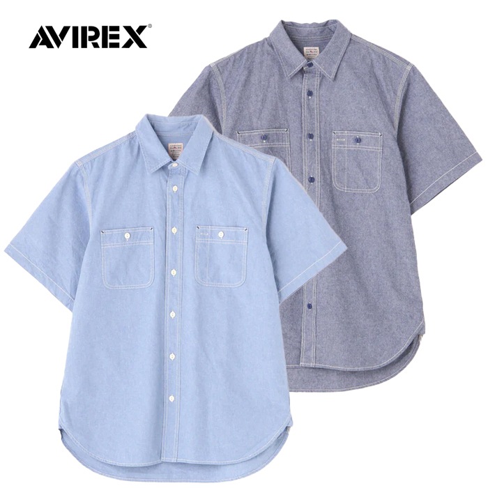 AVIREX BASIC CHAMBRAY S/S SLEEVE SHIRT<br>�ڥ�������å��� �١����å� �����֥졼 Ⱦµ����ġ�7833923003 ��� �ߥ꥿�꡼ �����ȥɥ� �����奢�� �����٥졼����� �١����å� ����åɥ��顼 ���ӥ�å��� Ⱦµ����� �֥롼 �ƥ���� S/S