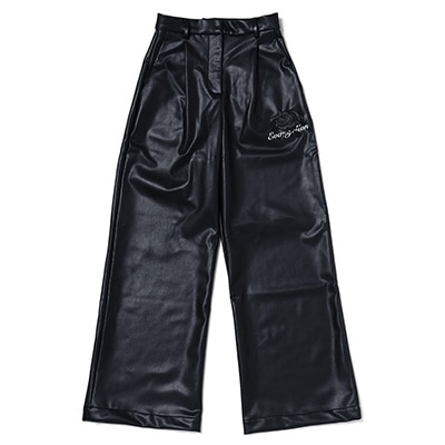 EVA-01 Flower Embroidery Vegan Leather Wide Slacks (BLACK)