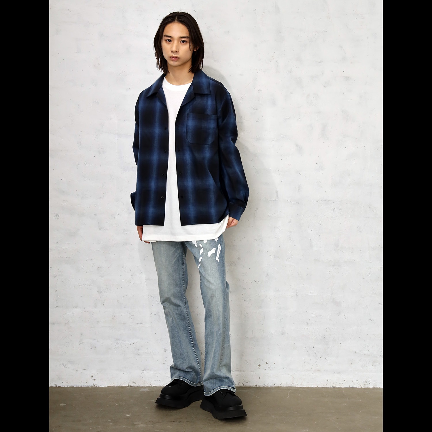 Longinus OPEN NECKED OMBRE CHECKED SHIRTS (BLUE)