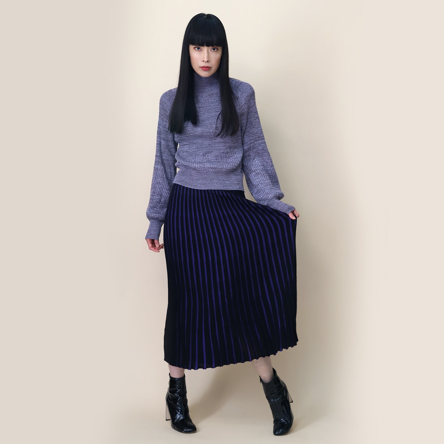 EVANGELION 2tone Knit Pleats Skirt (BLACK(EVA-01))