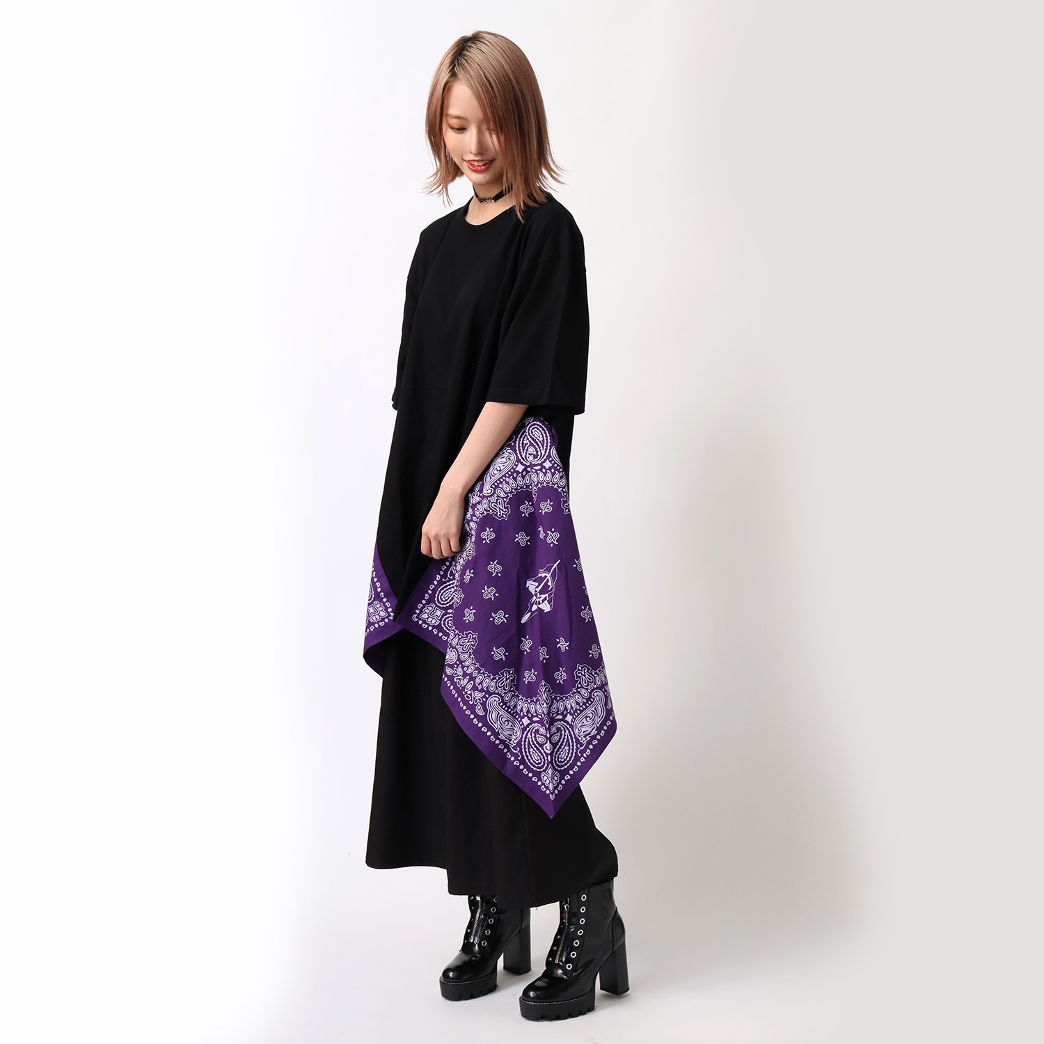 EVA-01 PAISLEYS BANDANNA BIG T-Shirt (BLACK×PURPLE)