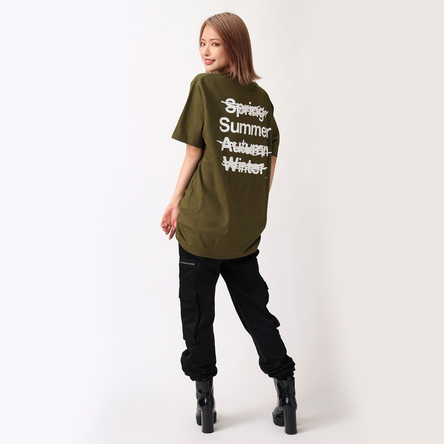 NEW ONLY SUMMER T-Shirt (OLIVE×WHITE)