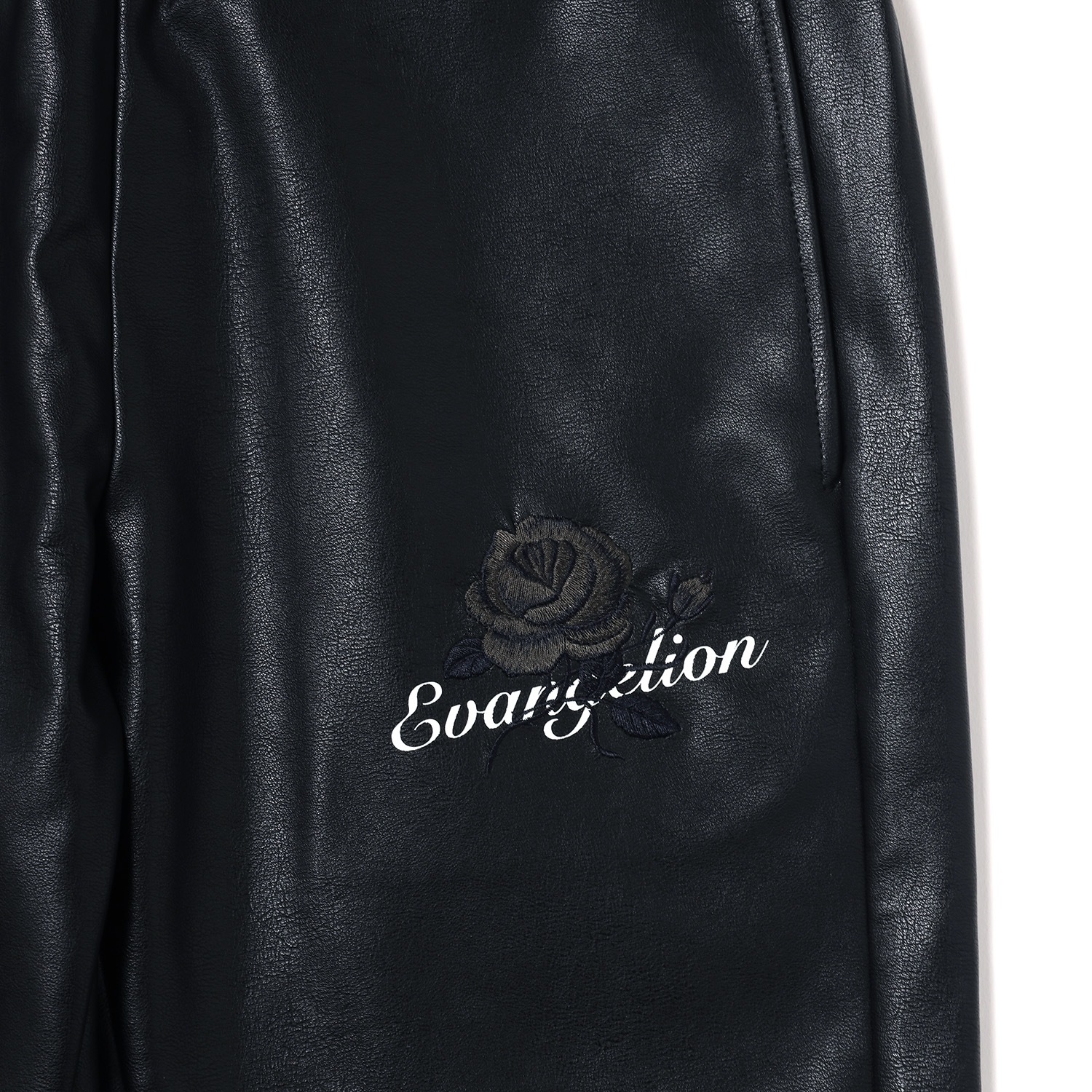EVA-01 Flower Embroidery Vegan Leather Pants (BLACK)