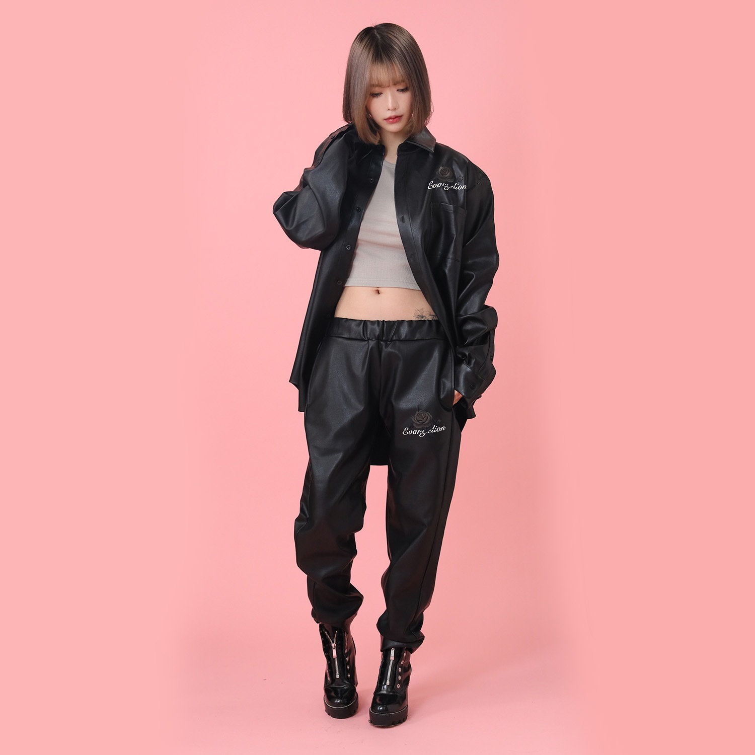 EVA-01 Flower Embroidery Vegan Leather Pants (BLACK)