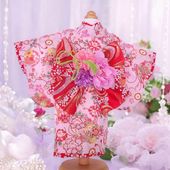 犬服の着物花結びピンク（帯電防止加工裏地つき）ペットの着物