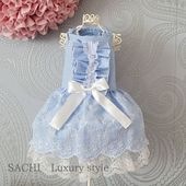 ペット服のデニムリボン刺繍ドレスライトブルー　ペットのワンピース犬のワンピース